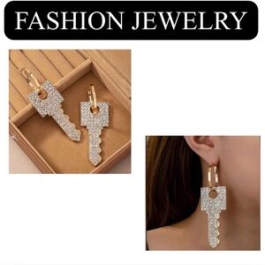 9J: Large Chic Boho-Inspired Rhinestone Embossed Dangle Key Earrings, NWOT